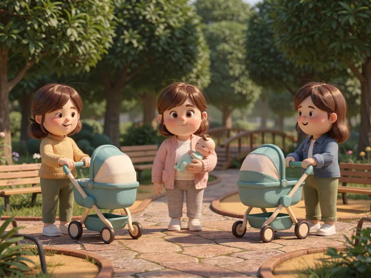 Illustration: three moms with strollers chatting in the park